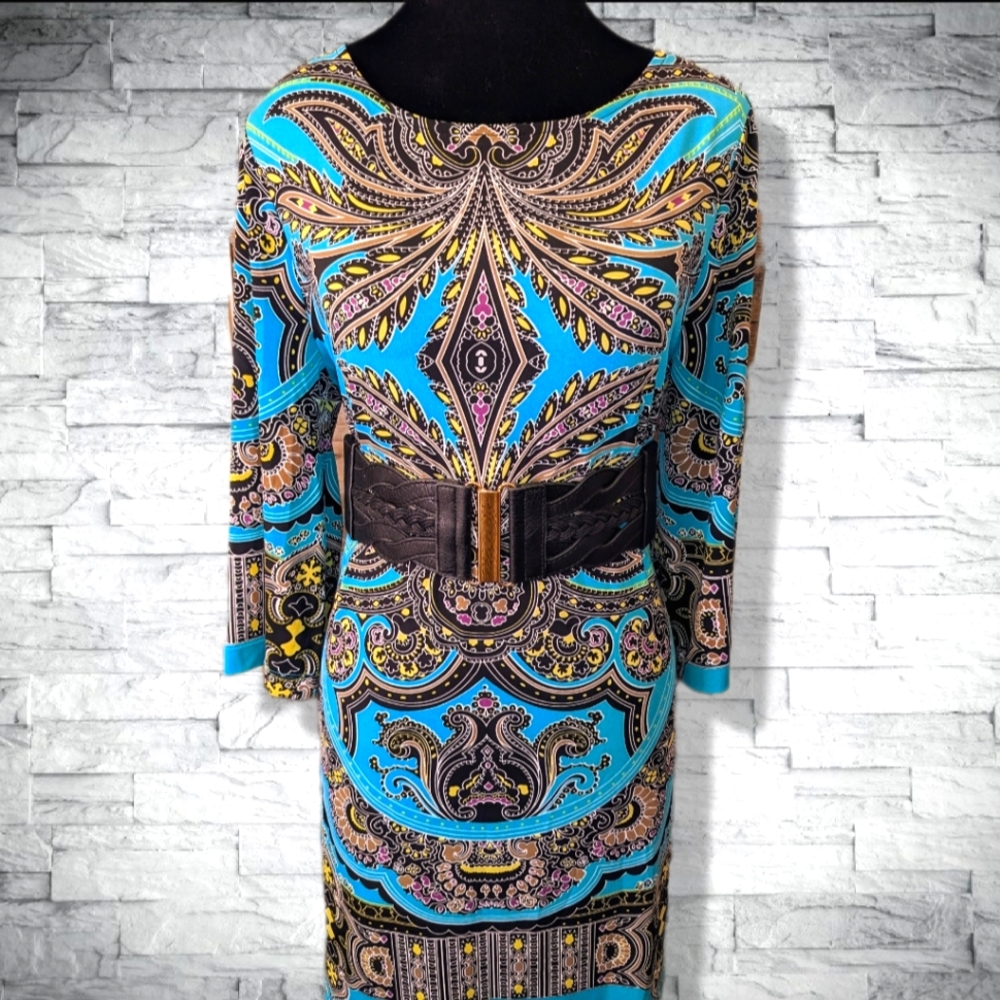 Teal Turquoise Stretch Mini Dress 3/4 Sleeves Boat Neck Flattering Fit D10 - Picture 6 of 11
